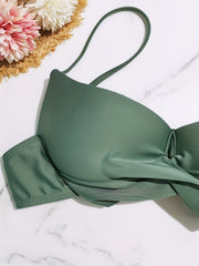 Green Twist Tie Back Bikini Top V Neck High Strech Spaghetti Straps Beachwear