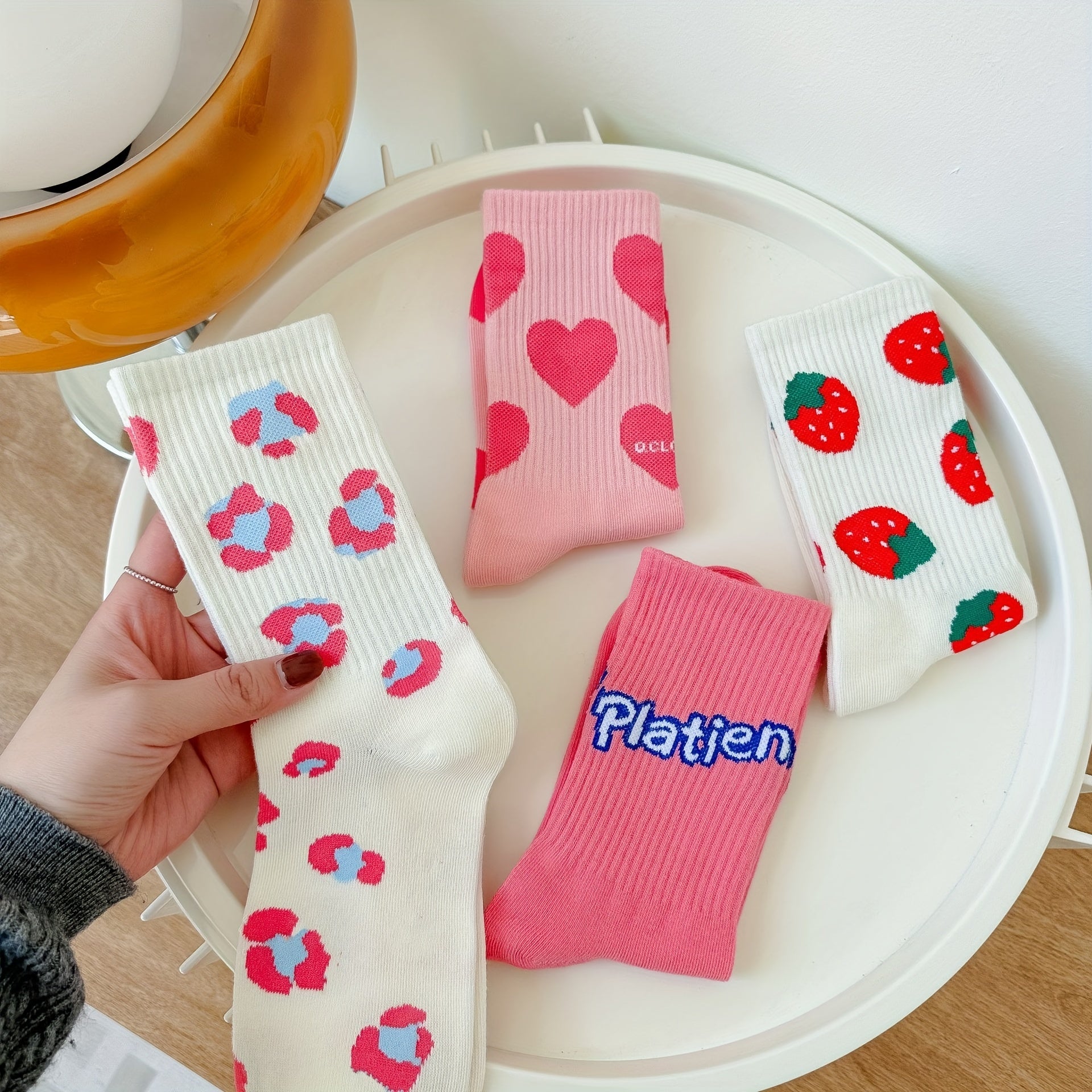 Heart & Strawberry Print Socks Women's Stockings