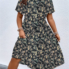 Plus Size Boho Dress Women's Plus Floral Print Short Sleeve Belted Dress