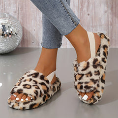 Leopard Print Ankle Strap Slippers Plush Lined Warm Home Shoes