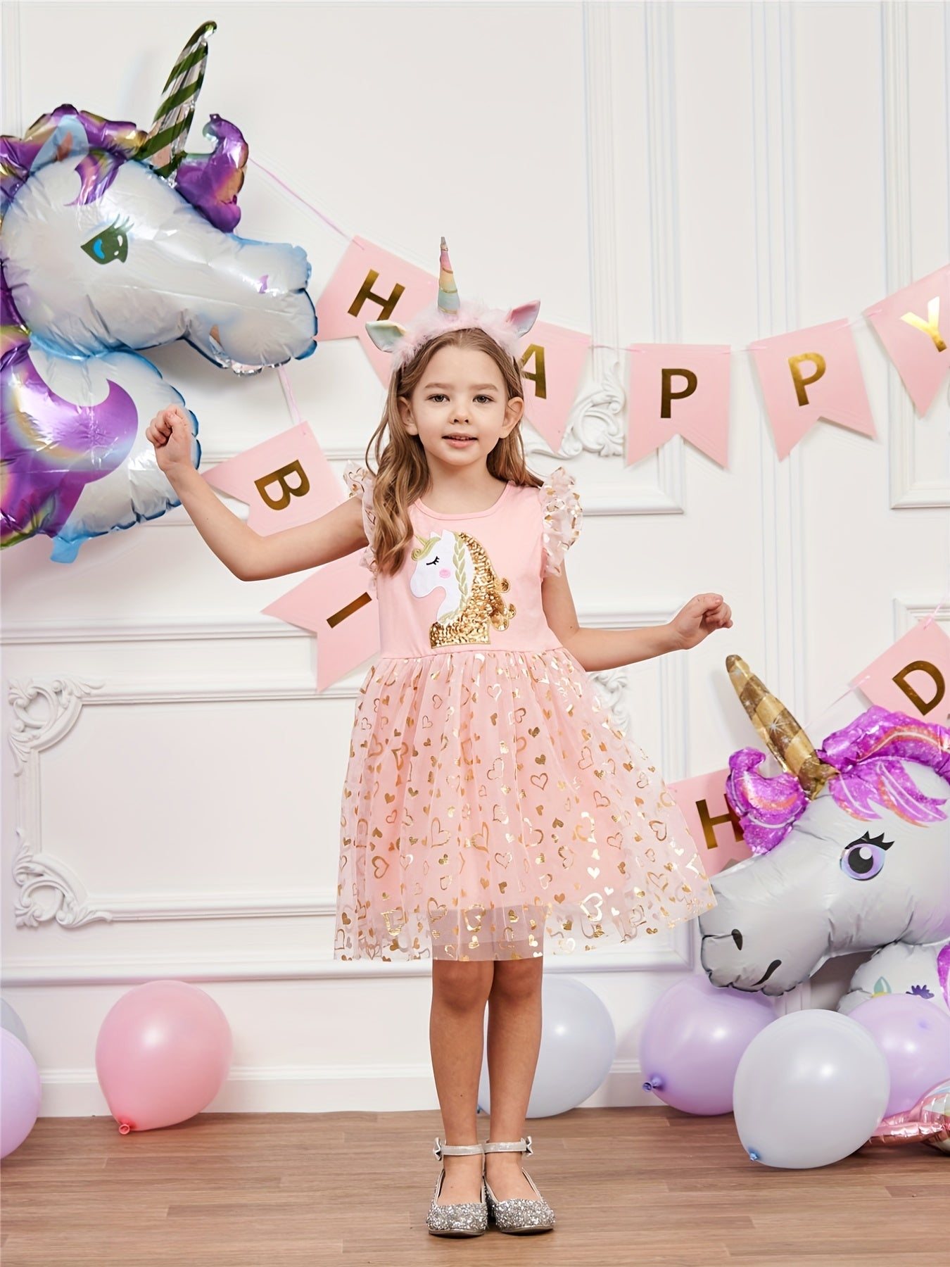 Girls Unicorn Embroidery Heart Patchwork Dress