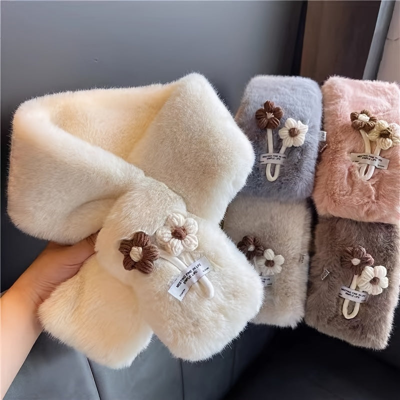 Flower Pendant Faux Rabbit Fur Plush Winter Scarf