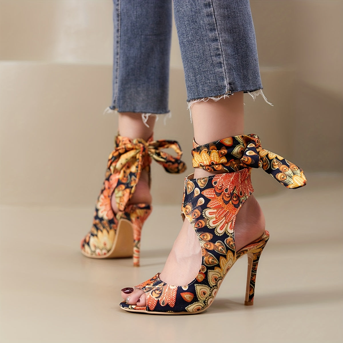 Peacock Print High Heels Slingback Stiletto Sandals