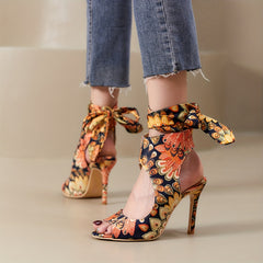 Peacock Print High Heels Slingback Stiletto Sandals