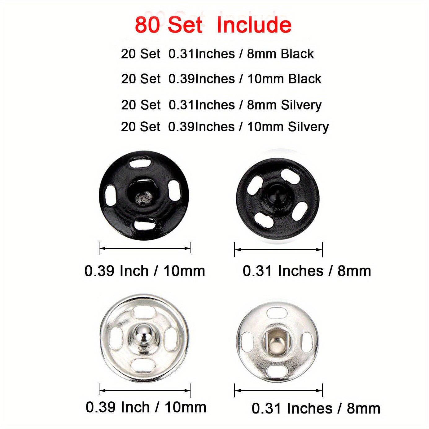 80pcs Silvery Sew on Snap Buttons 0.99cm Metal Fastener Buttons Press Button