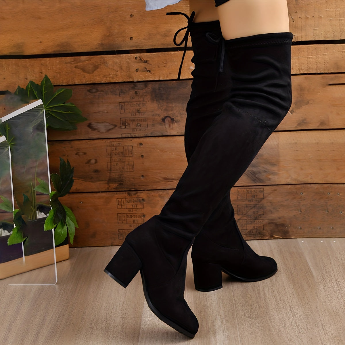 Women's Solid Long Boots Chunky Heel Lace Up Over Knee Shoes