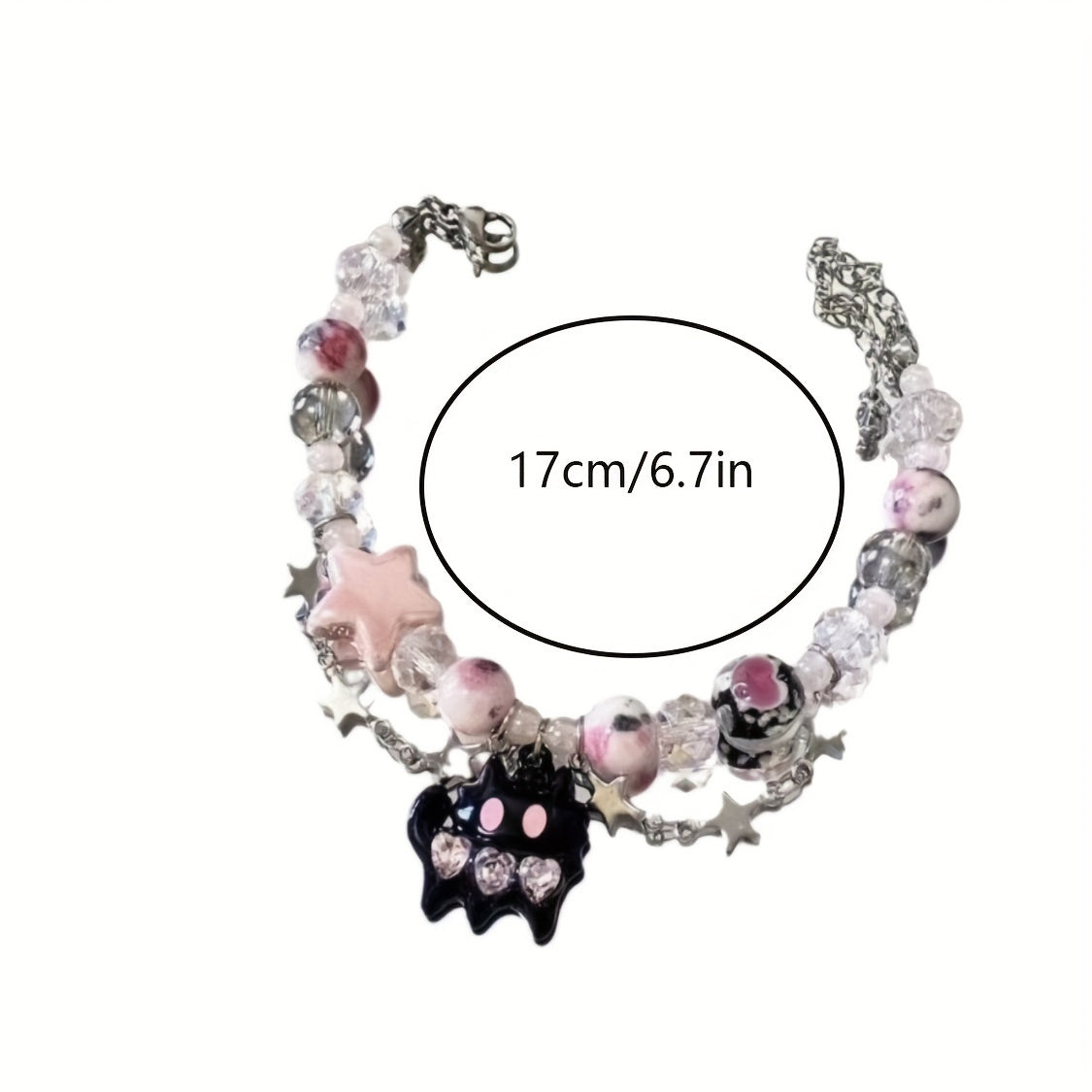 Ghost Cat Pink Beaded Bracelet Star Decor Double Layered Bracelet Y2K Jewelry