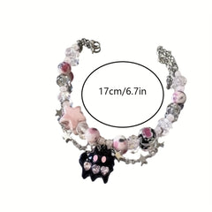 Ghost Cat Pink Beaded Bracelet Star Decor Double Layered Bracelet Y2K Jewelry