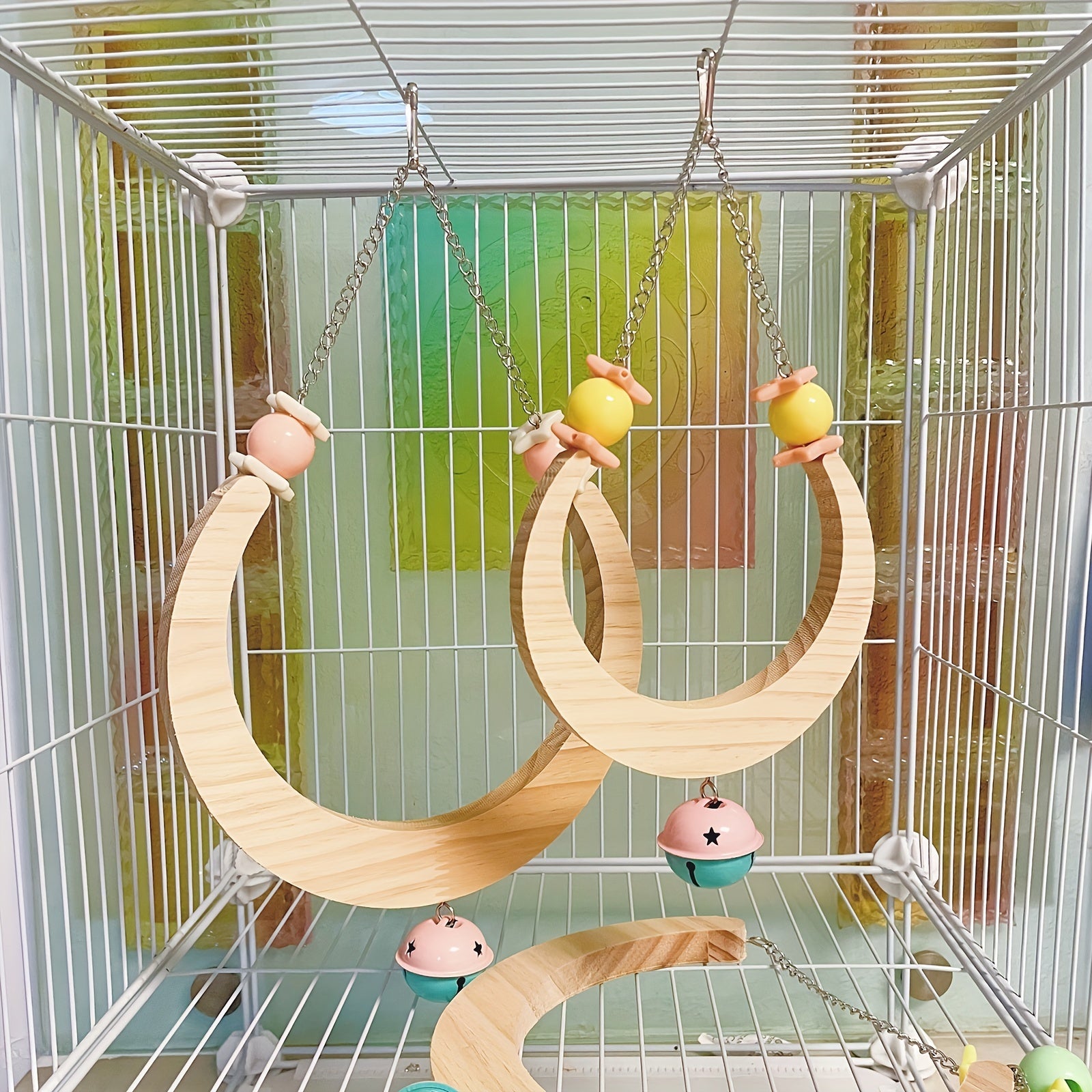 Parrot Supplies Moon Shaped Wooden Bell Puzzle Swing Stand Cloud Ladder