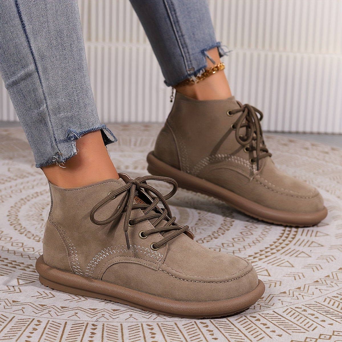 Women's Lace-up Front Flat Ankle Boots with Letter Patched