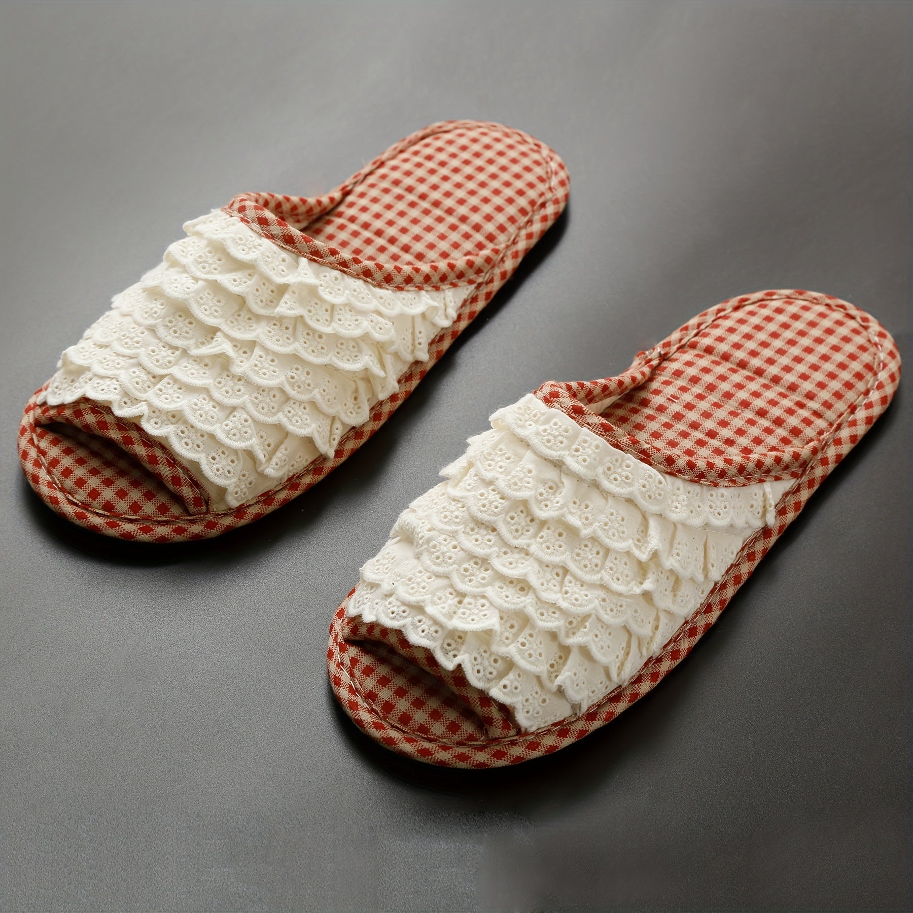 Women's Ruffled Lace Slippers Indoor Open Toe Plaid Comfy Flat Shoes