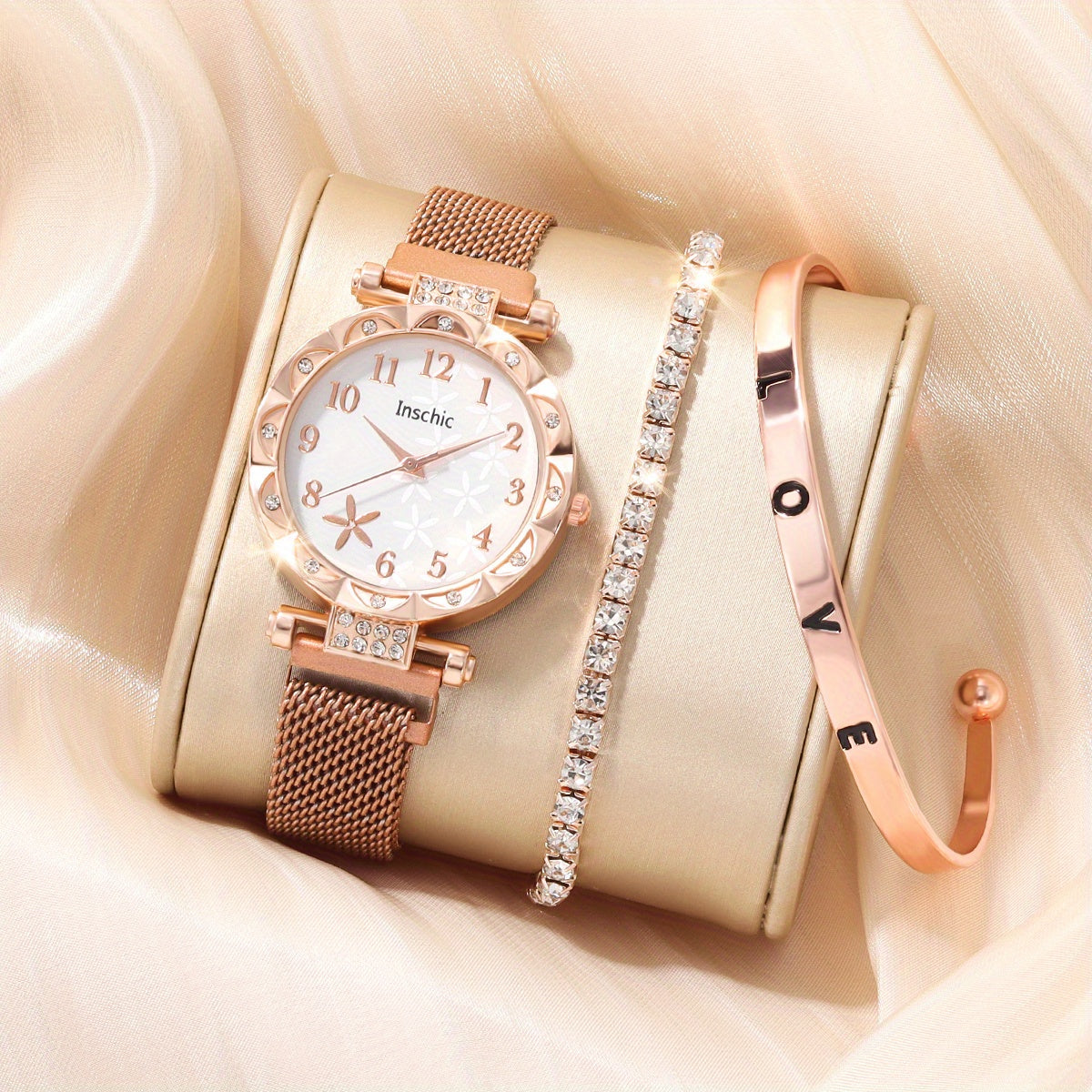 Kids Flower Rhinestone Watch & Heart Jewelry Set