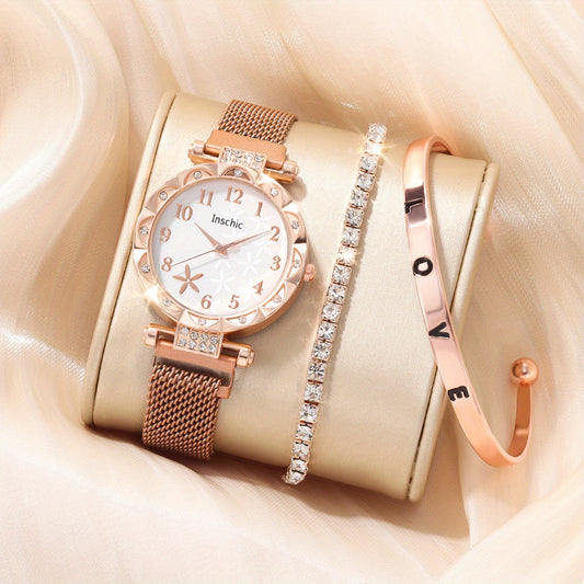 Kids Flower Rhinestone Watch & Heart Jewelry Set