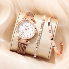 Kids Flower Rhinestone Watch & Heart Jewelry Set