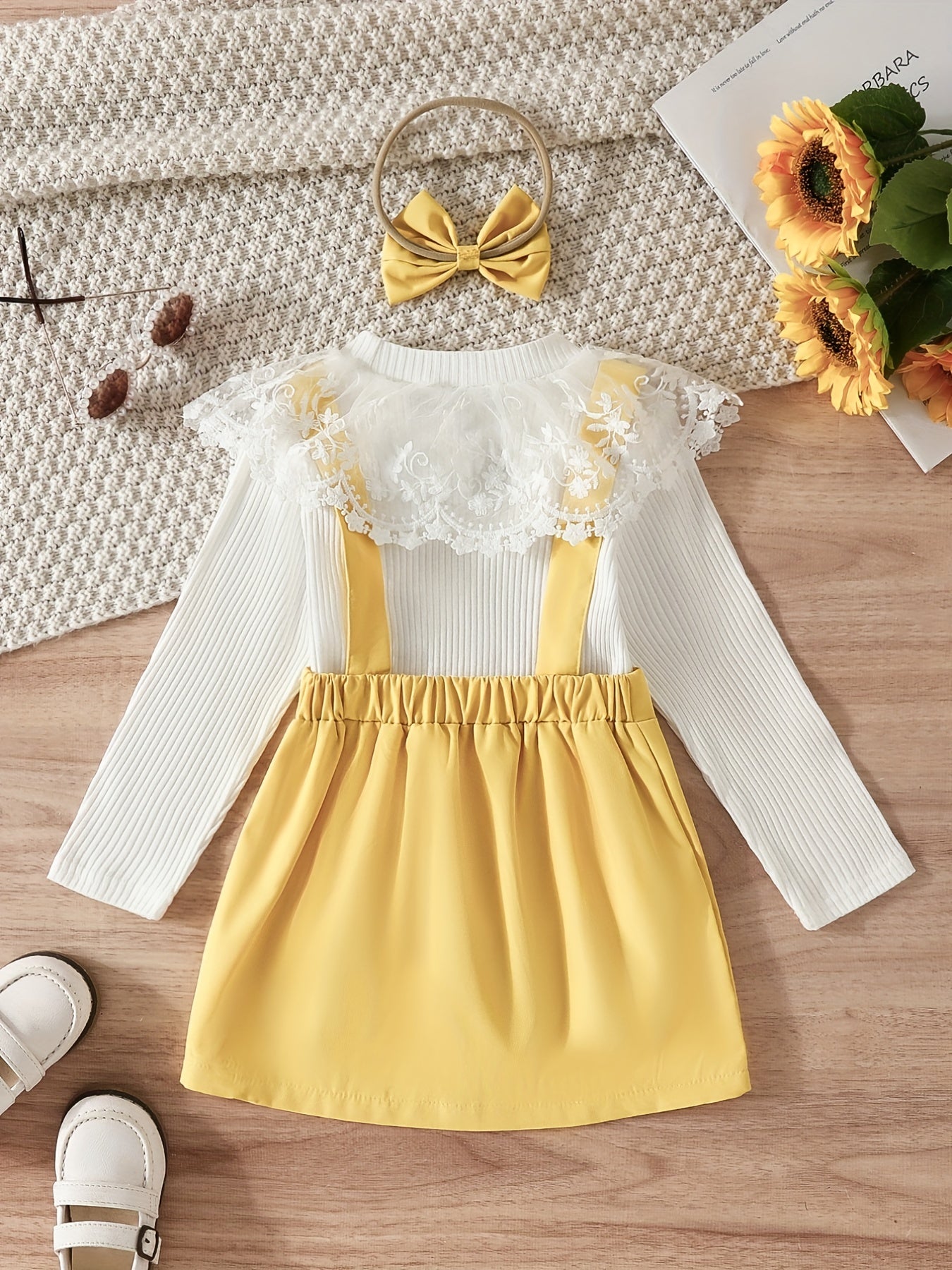 Girl's Top & Jumpsuit Set Lace Ribbed Skirt Casual Outfits Kids Clothes