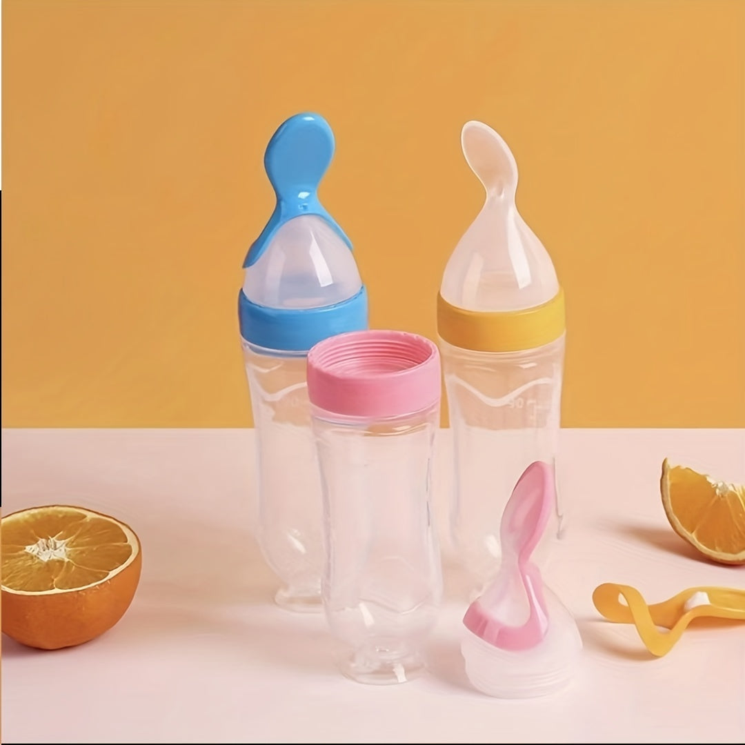 1pc Baby Food Feeder 90ml 3oz Silicone Feeding Bottle With Spoon And Stand