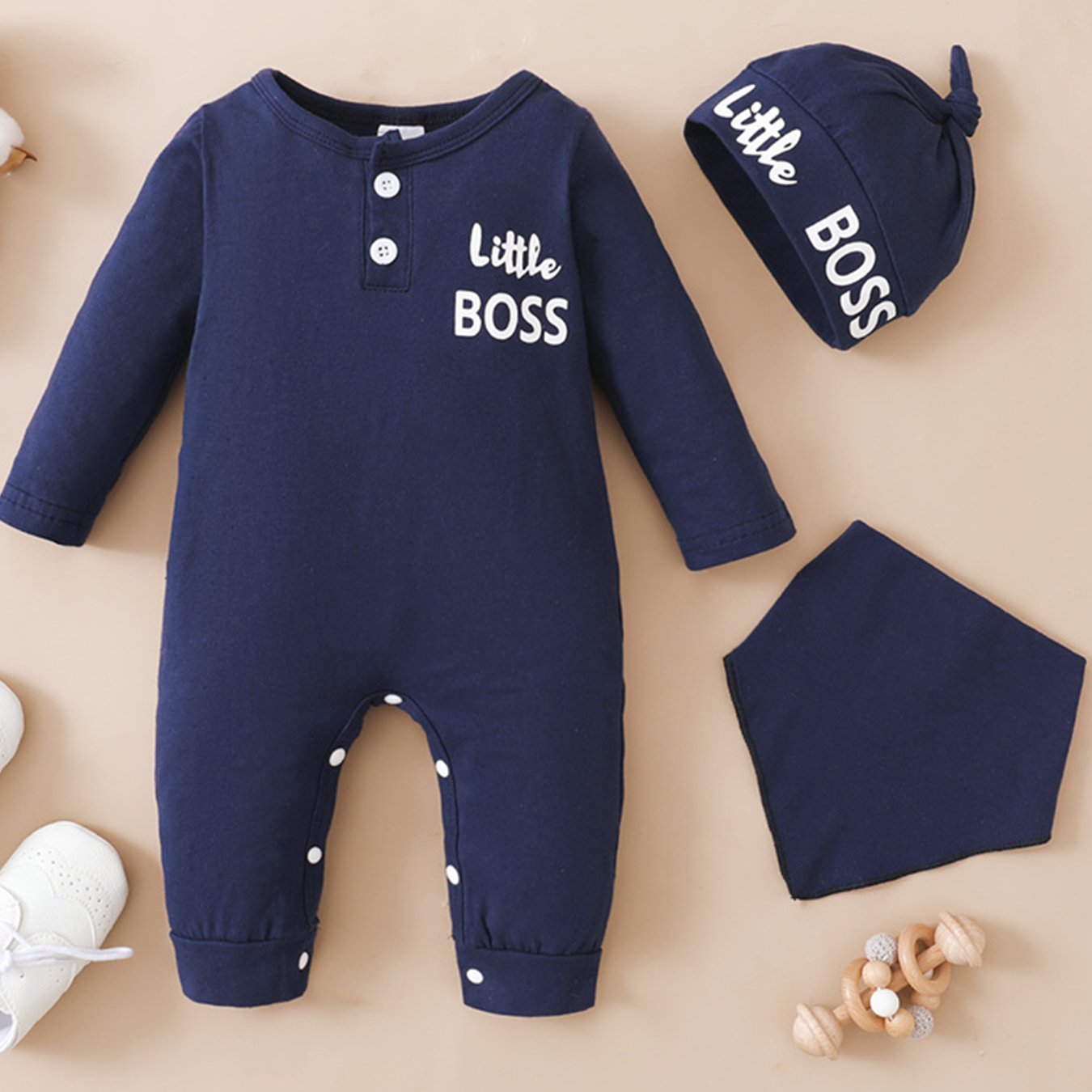 Baby Boys Long Sleeve Jumpsuit Bib & Hat Set