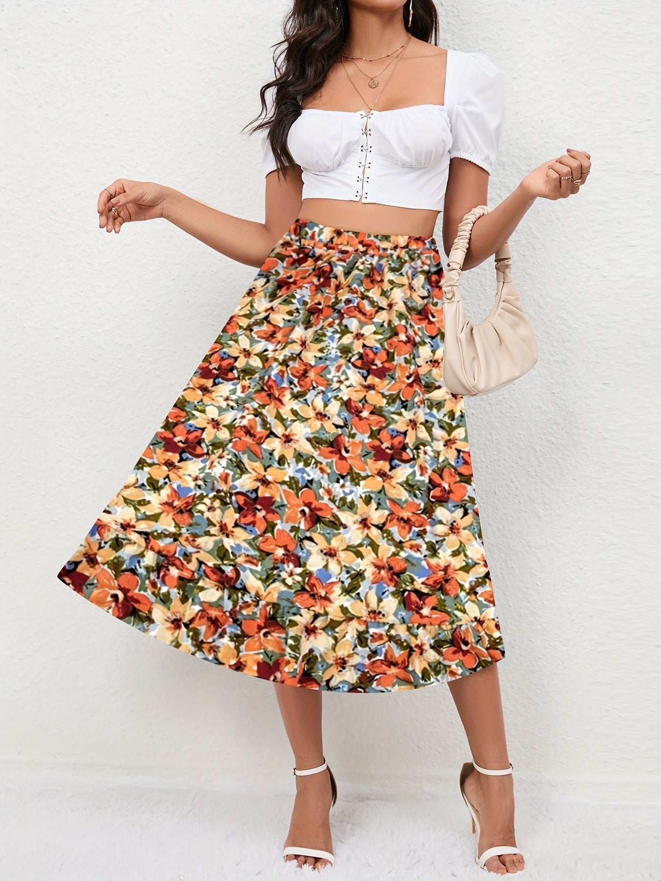 Boho Floral Print Tiered Skirts High Waist