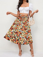 Boho Floral Print Tiered Skirts High Waist