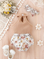 3pcs Baby Girls Casual Ribbed Knit Halter Top & Floral Bowknot Shorts Set