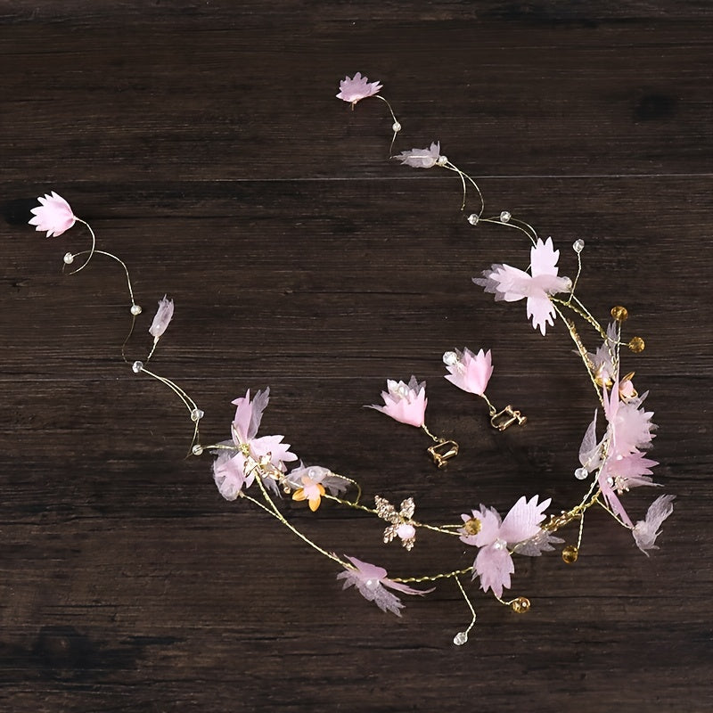 Golden Flower Crown Floral Pearl Crown Wedding Headpiece