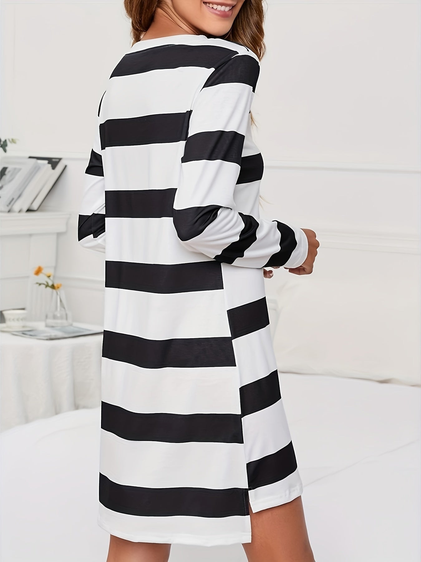 Striped Print Lounge Dress Crew Neck Long Sleeve Comfy Home Dress