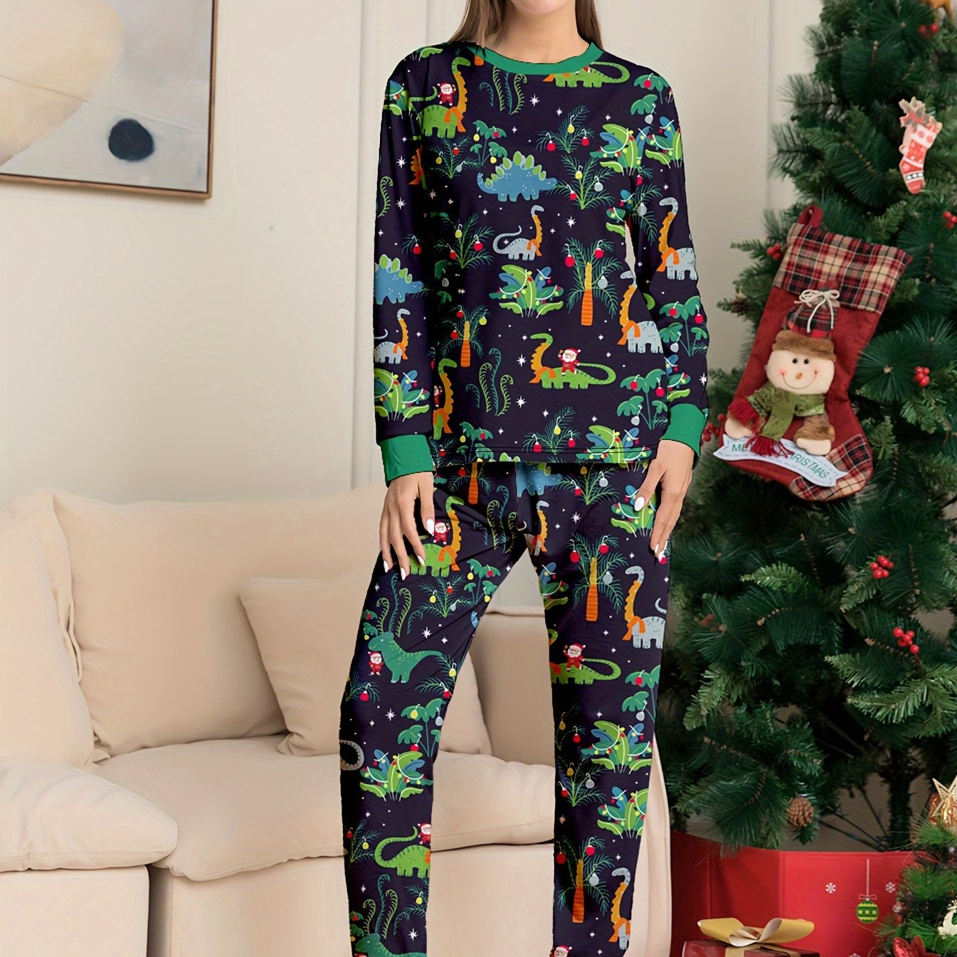 Dino Print Pajama Set Long Sleeve Crew Neck Top & Pants Women's Sleepwear