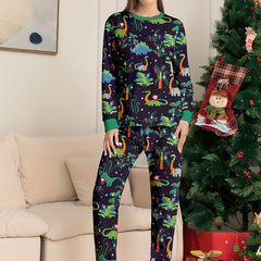 Dino Print Pajama Set Long Sleeve Crew Neck Top & Pants Women's Sleepwear