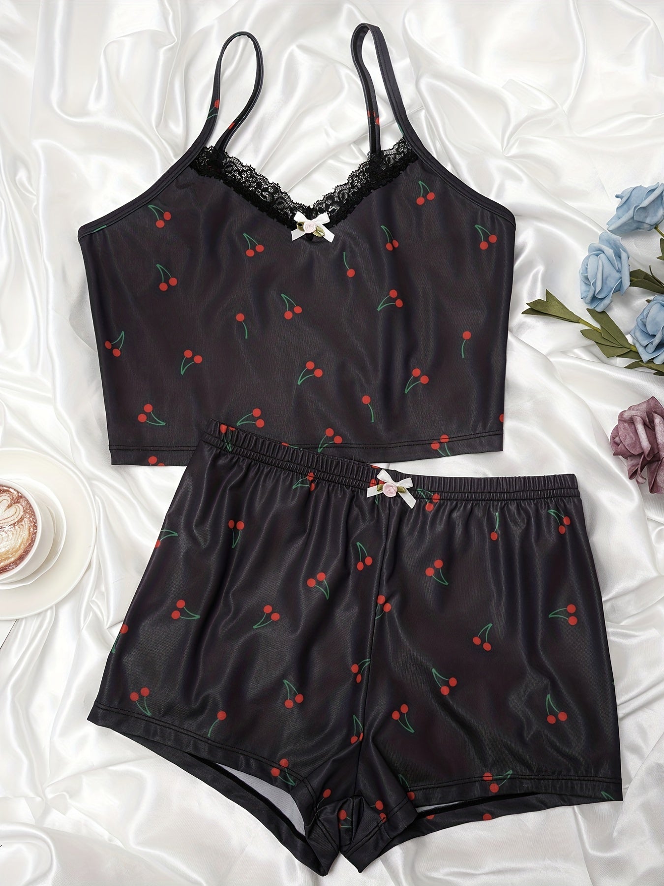 Cherry Print Pajama Set V-Neck Cami Top & Shorts