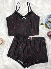 Cherry Print Pajama Set V-Neck Cami Top & Shorts