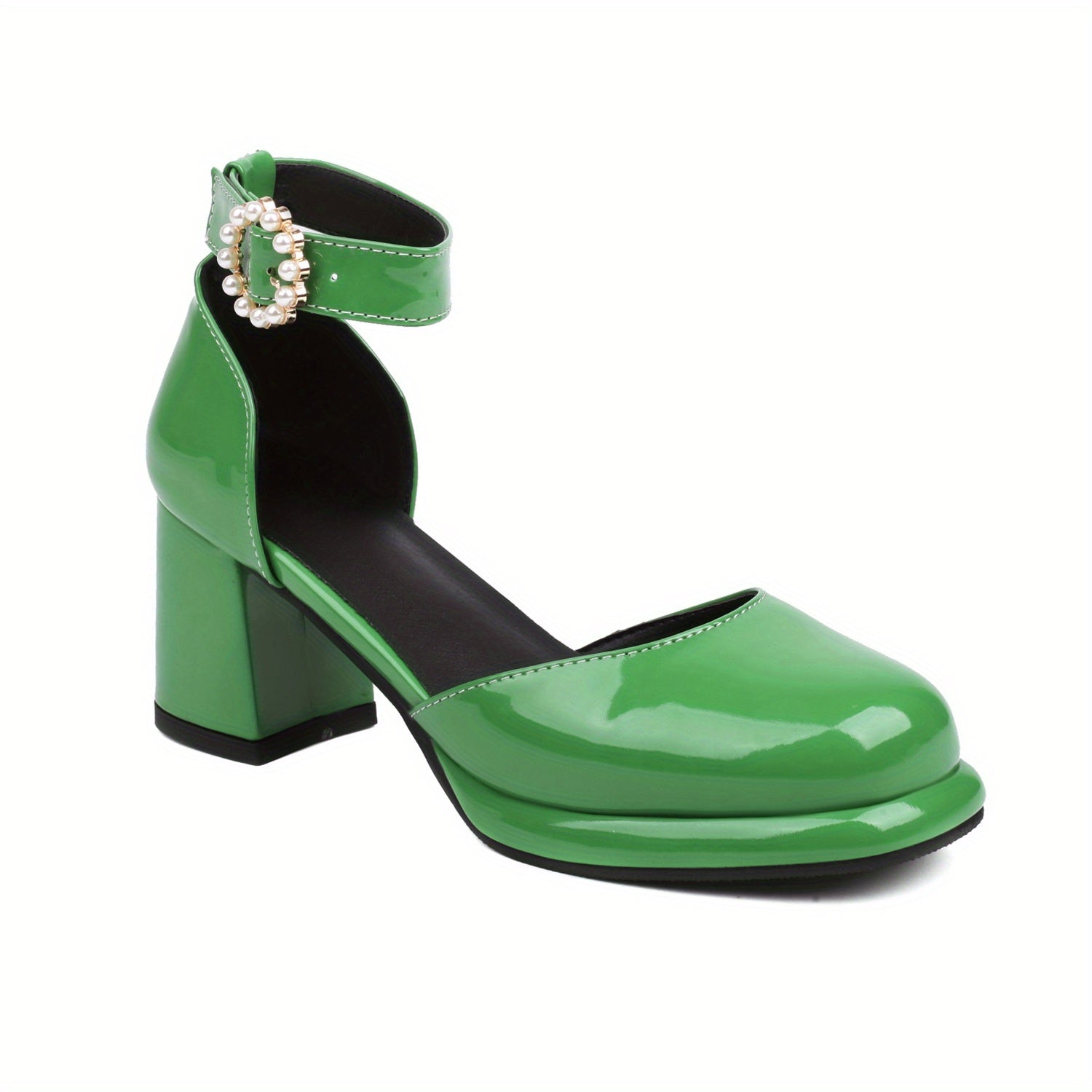 Women's Chunky Heels Pearl Strap Pumps Faux Leather