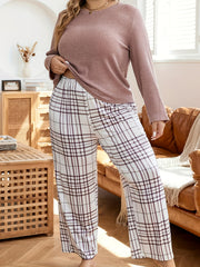 Ribbed Knit Top & Plaid Print Pants Pajamas Set