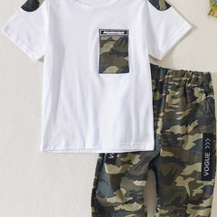 2pcs Boys Camo Pocket Tee & Shorts Sets Summer Outfits