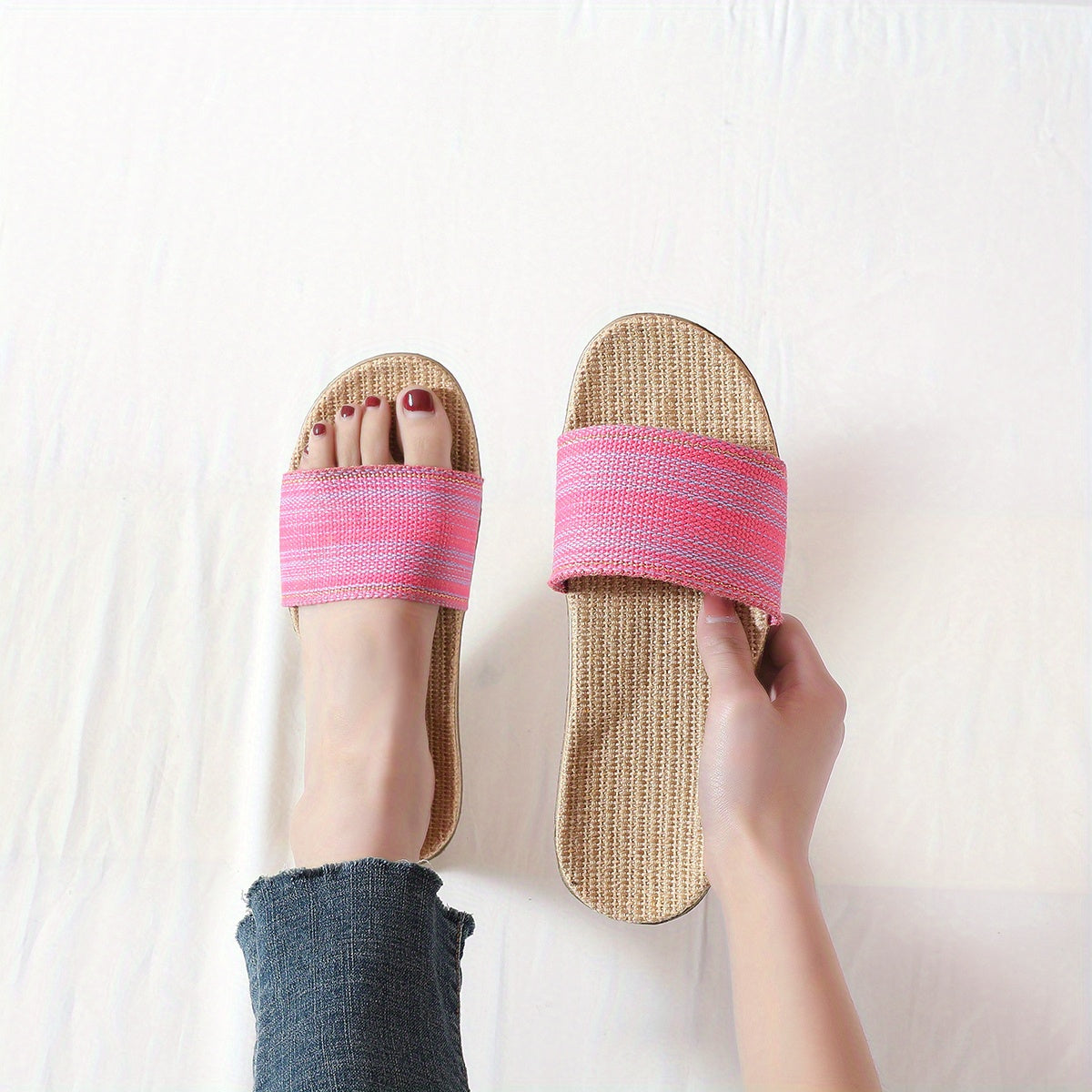 Women's Casual Linen Flat Slides Comfy Cross Strap Non Slip Shoes