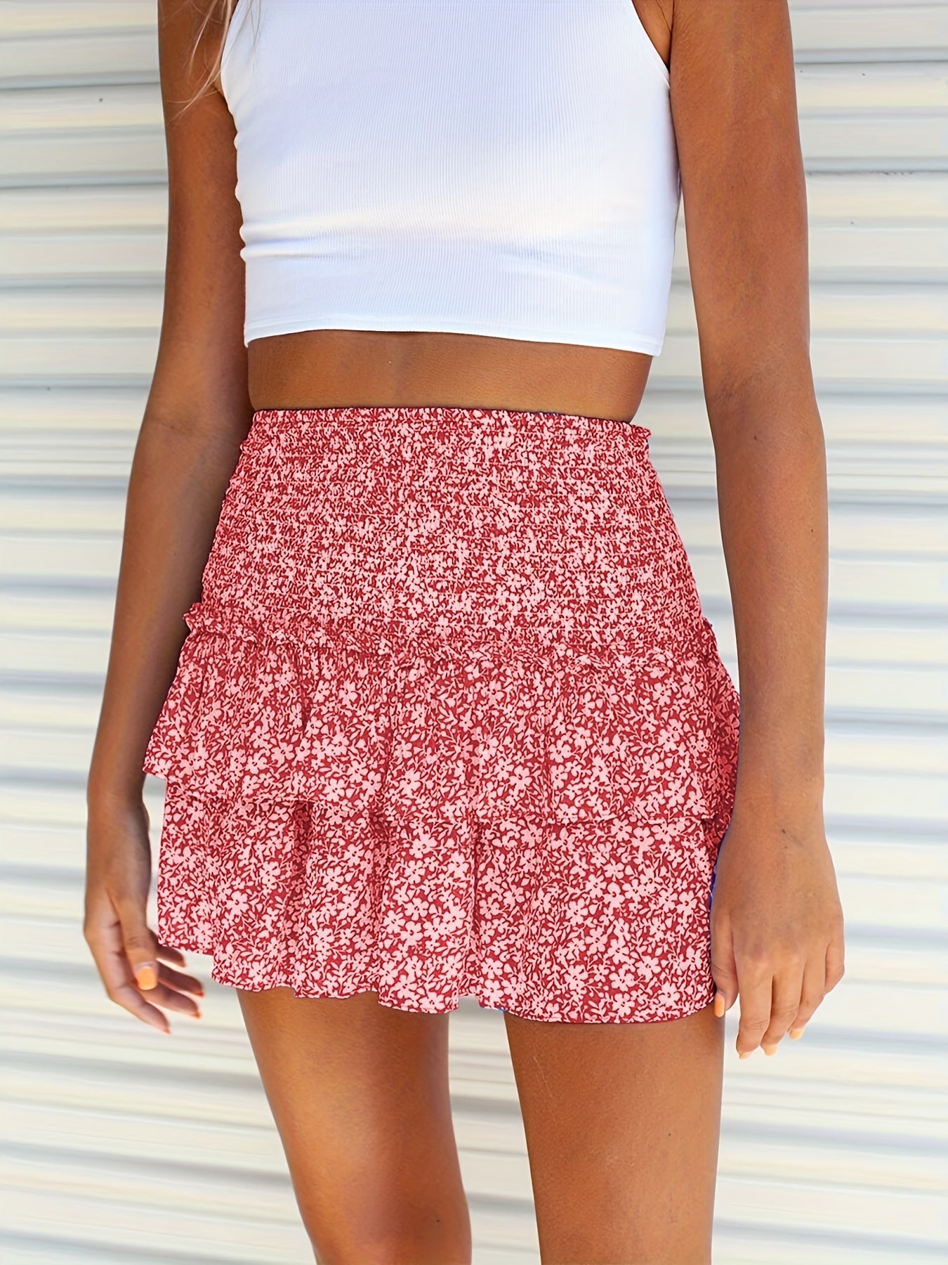 Ditsy Floral Print Skirts Vacation Pleated Shirred Waist Skirts