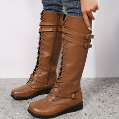 Women's Lace Up Knee High Combat Boots Low Heel Round Toe Riding Boots