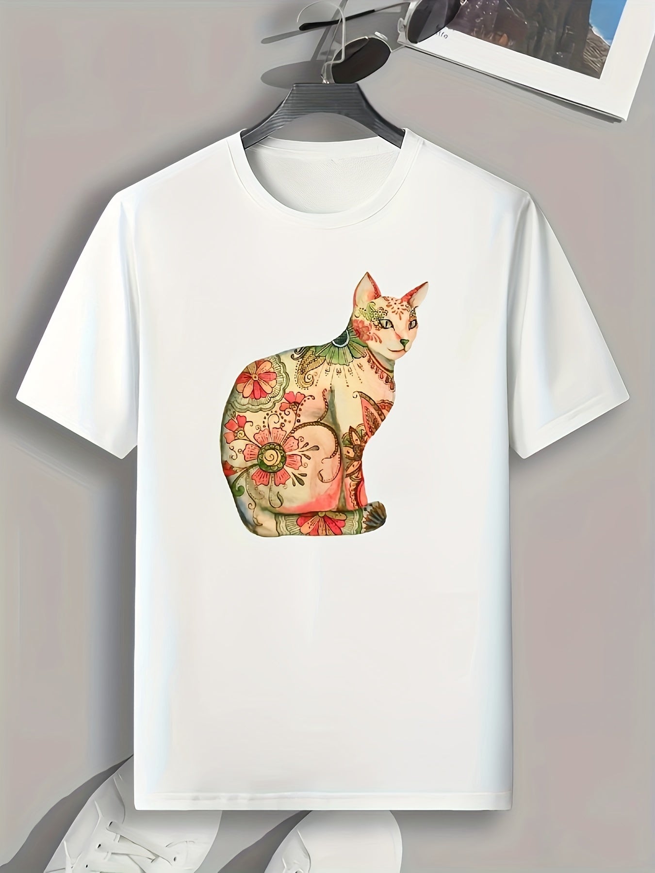 Colorful Cat Flowers Print Men's Graphic Tee Casual Comfy Summer Shirt