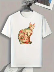 Colorful Cat Flowers Print Men's Graphic Tee Casual Comfy Summer Shirt