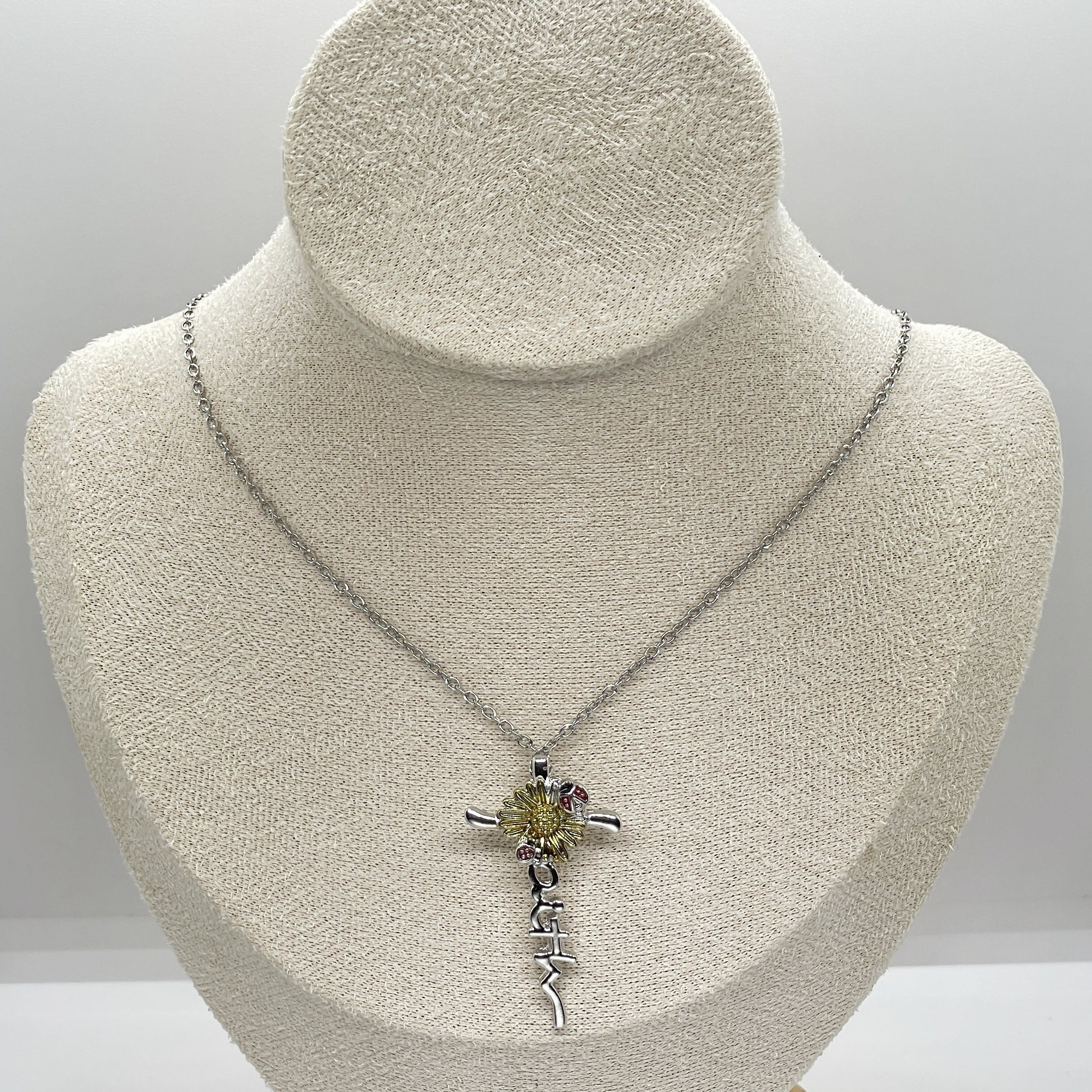 Sunflower Ladybug Decor Cross Pendant Necklace for Girls