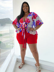 Tropical Print Ruffle Trim Top & Shorts Set