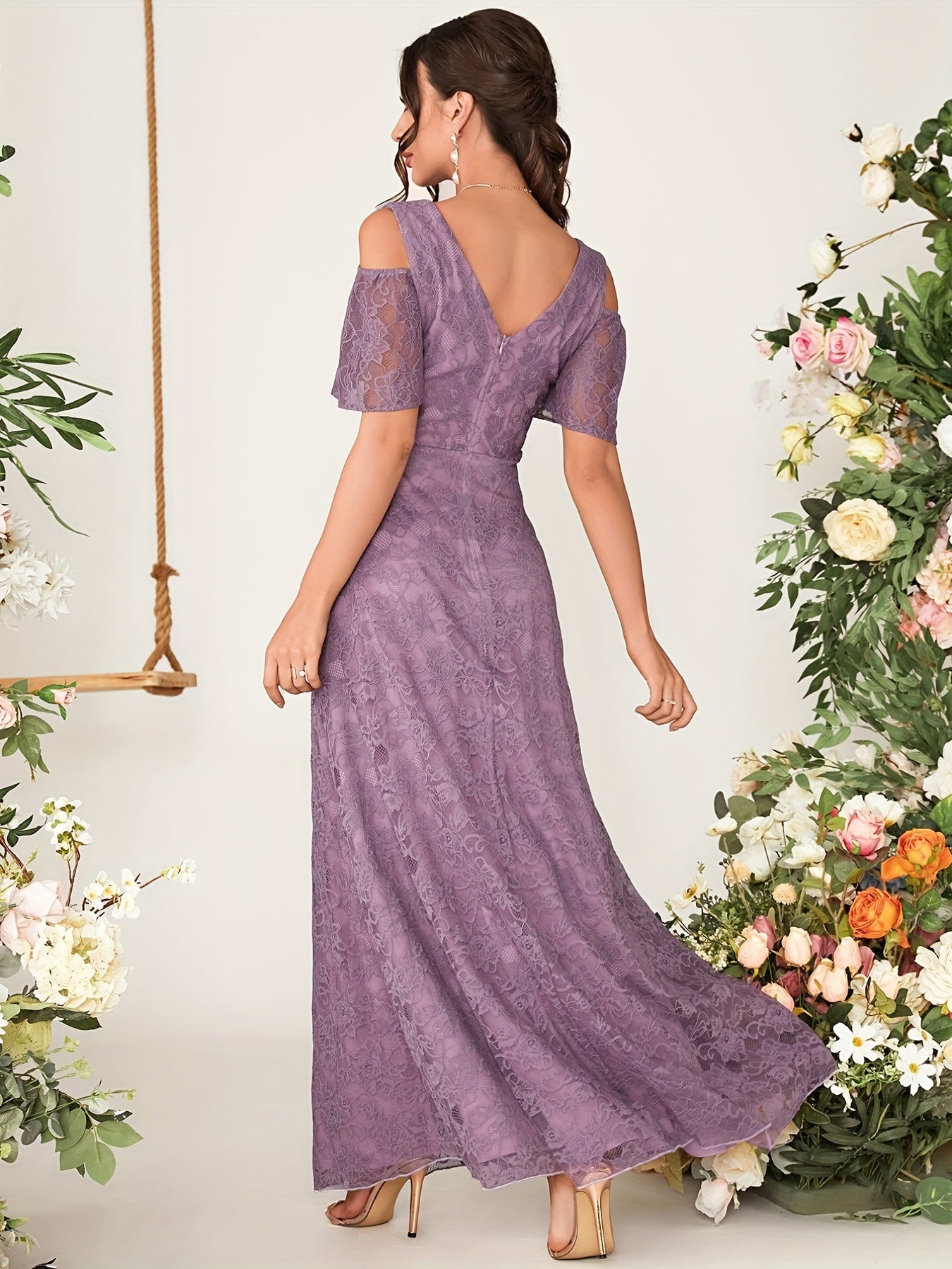 V Neck Lace Bridesmaid Dress for Wedding Party
