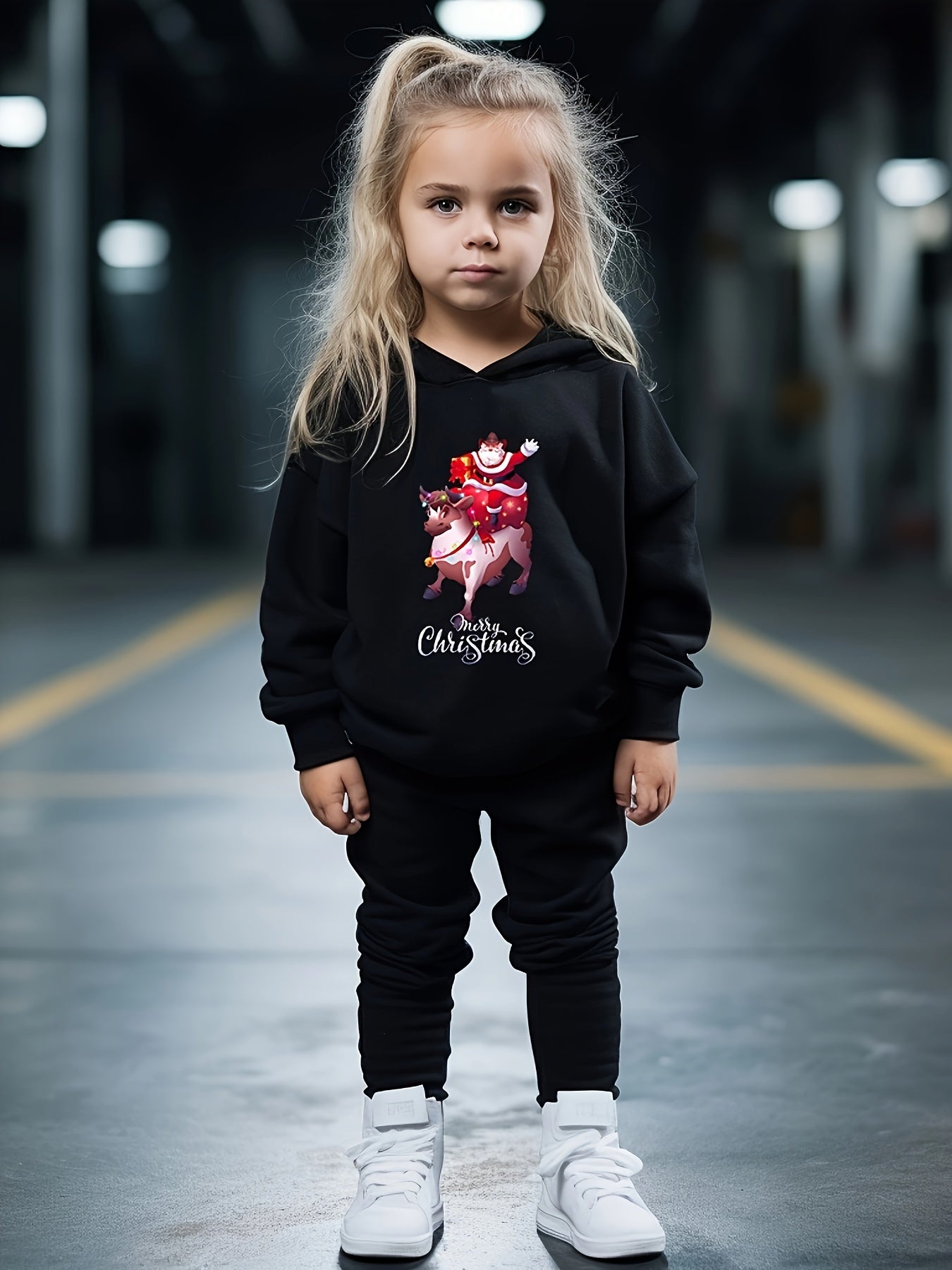 Girls 2pc Santa Claus Pattern Hooded Sweatshirt & Sweatpants Set