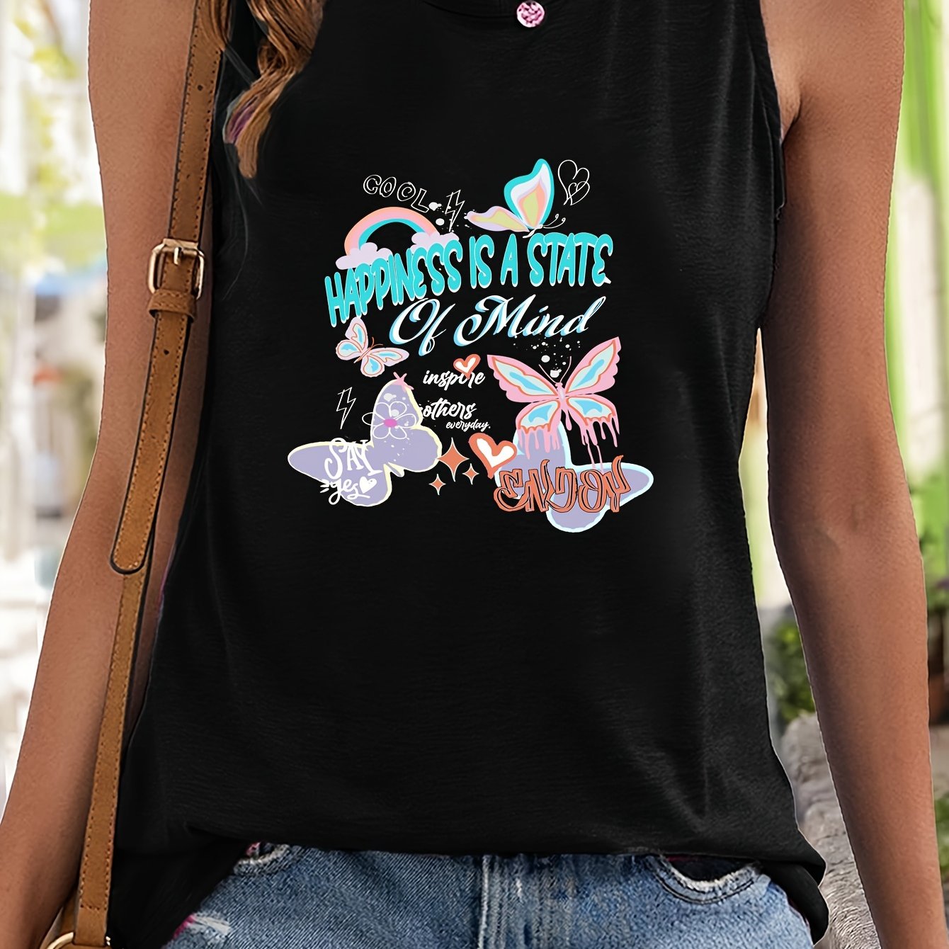 Butterfly & Letter Print Sleeveless Sports Vest Round Neck Stretchy Casual Tops