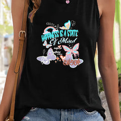 Butterfly & Letter Print Sleeveless Sports Vest Round Neck Stretchy Casual Tops