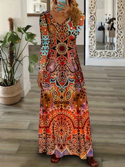 Ethnic Floral Print Maxi Dress V Neck Long Sleeve