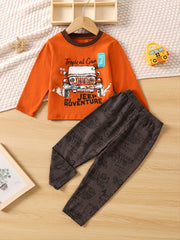 Boys 2pcs Pajamas Long Sleeve Top & Pants TROPICAL CAR ADVENTURE Print Set