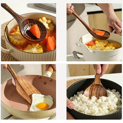 5pcs Teak Wooden Kitchen Utensil Set Skimmer Spoon Wood Turner Cutlery