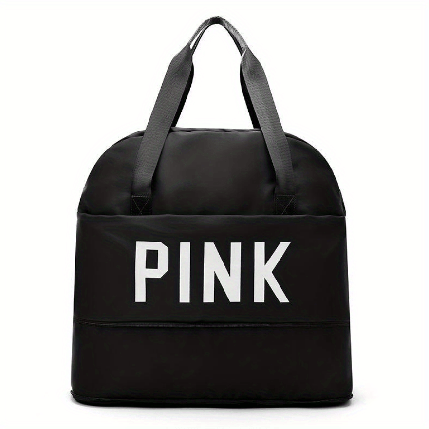 Pink Letter Print Portable Handbag Expandable Zip Gym Bag