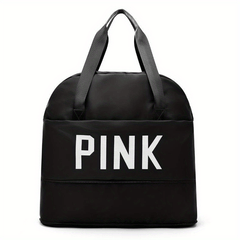 Pink Letter Print Portable Handbag Expandable Zip Gym Bag