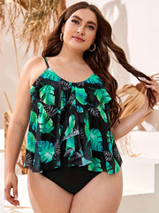 Women's Plus Tropical Print Ruffle Trim One Piece Swimsuit